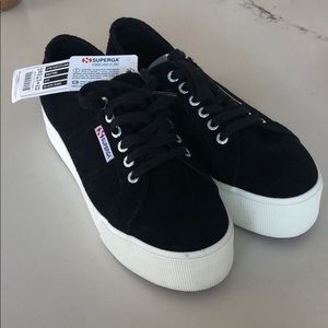 BRAND NEW Black suede Superga platform sneakers